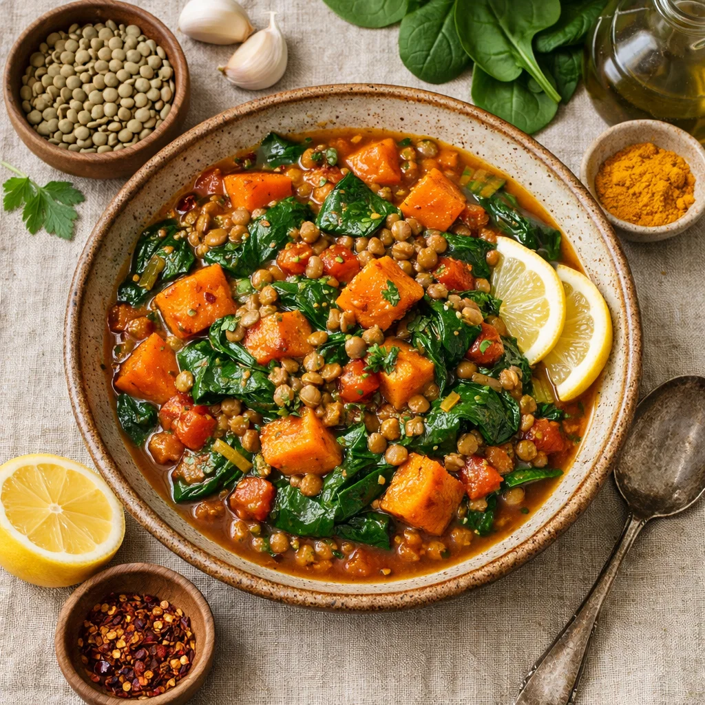 Verrukkelijke Linzenstoofpot met Zoete Aardappelen en Spinazie
