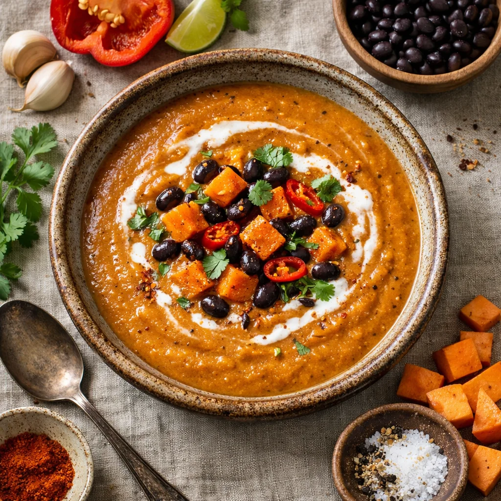 Verfrissende Zoete Aardappel en Zwarte Bonensoep