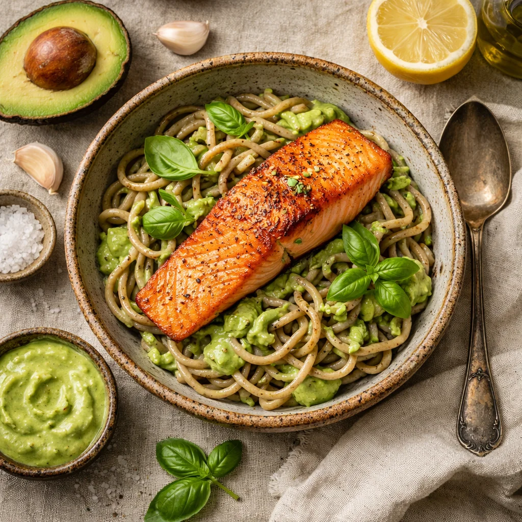 Chef's Special: Nahrhafte Buchweizenpasta mit Gebratenem Lachs und Avocadodressing