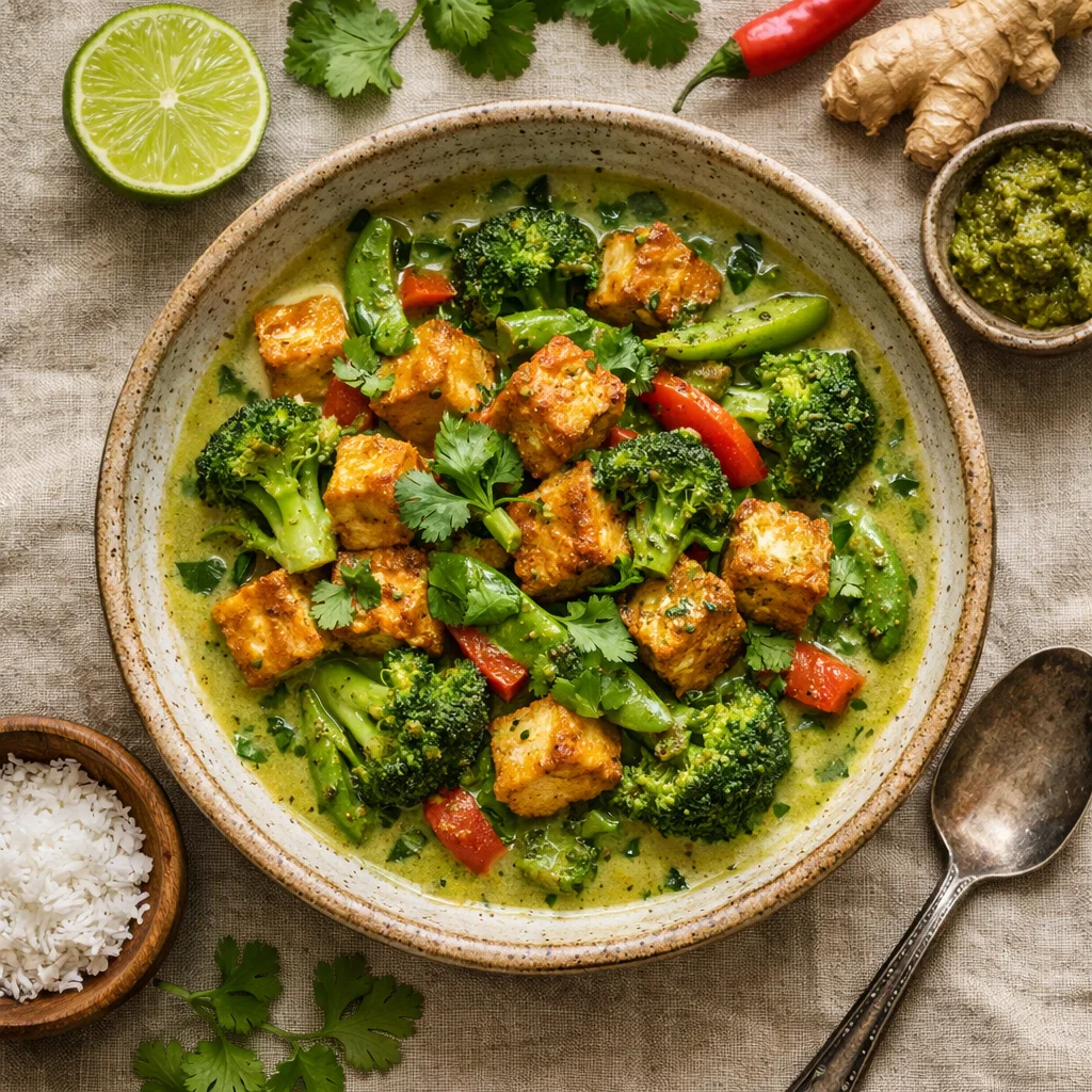 Gezonde Thaise groene curry met tofu en broccoli