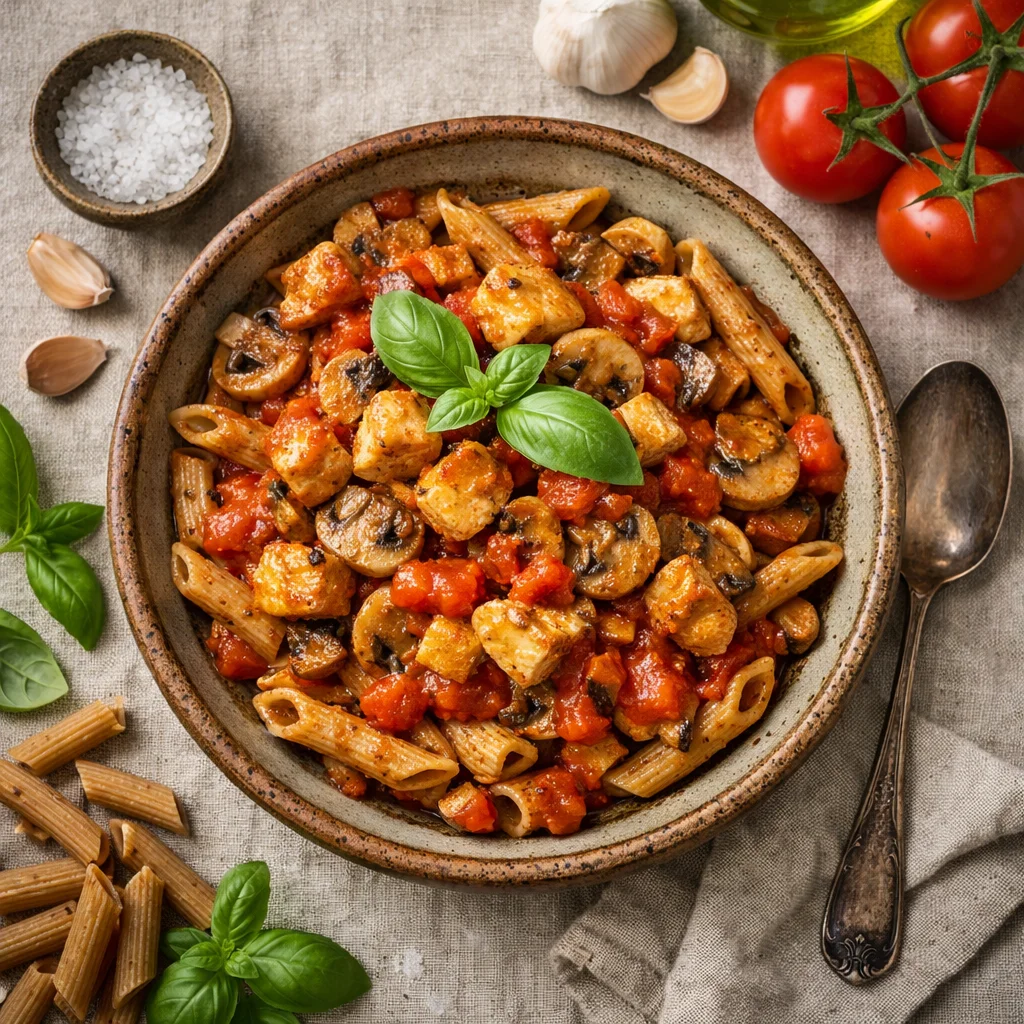 Italiaanse Volkoren Pasta met Kip, Champignons en Tomatensaus
