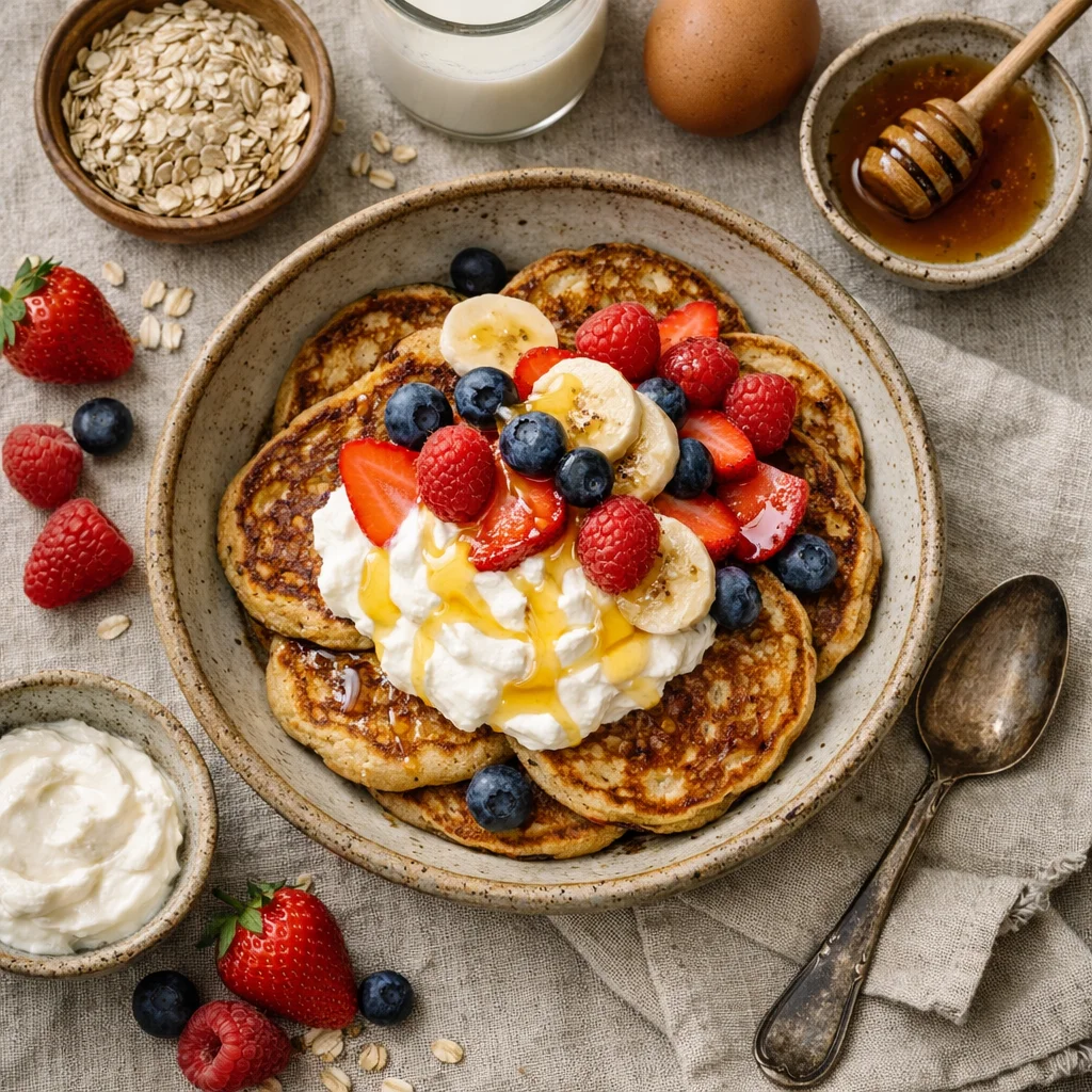 Fruitige Havermoutpannenkoeken met Kwark en Honing