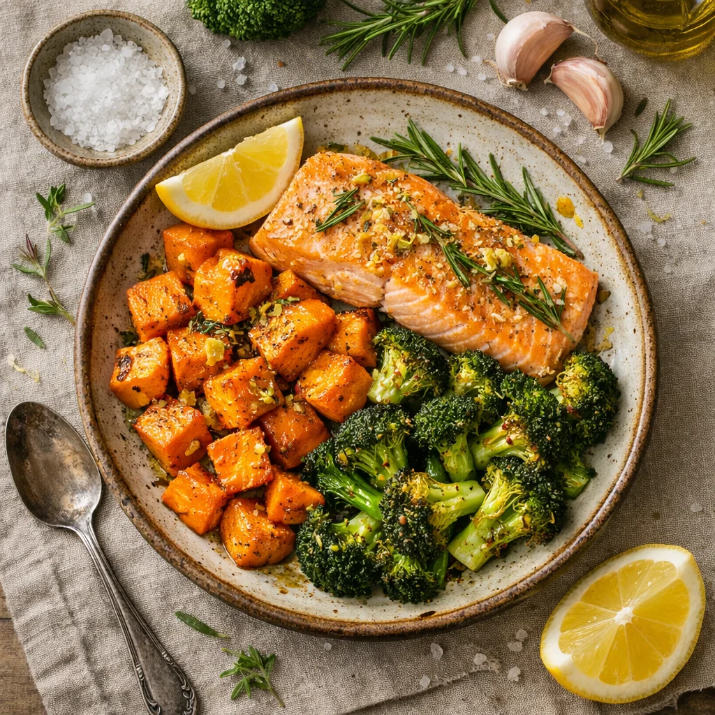 Mediterrane Zalmfilet met Geroosterde Zoete Aardappel en Broccoli