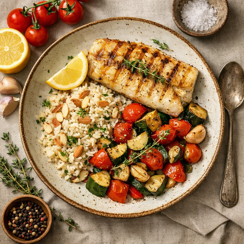 Chef's Special Gegrilde Stokvis met Knapperig Geroosterde Groenten en Amandelrijst