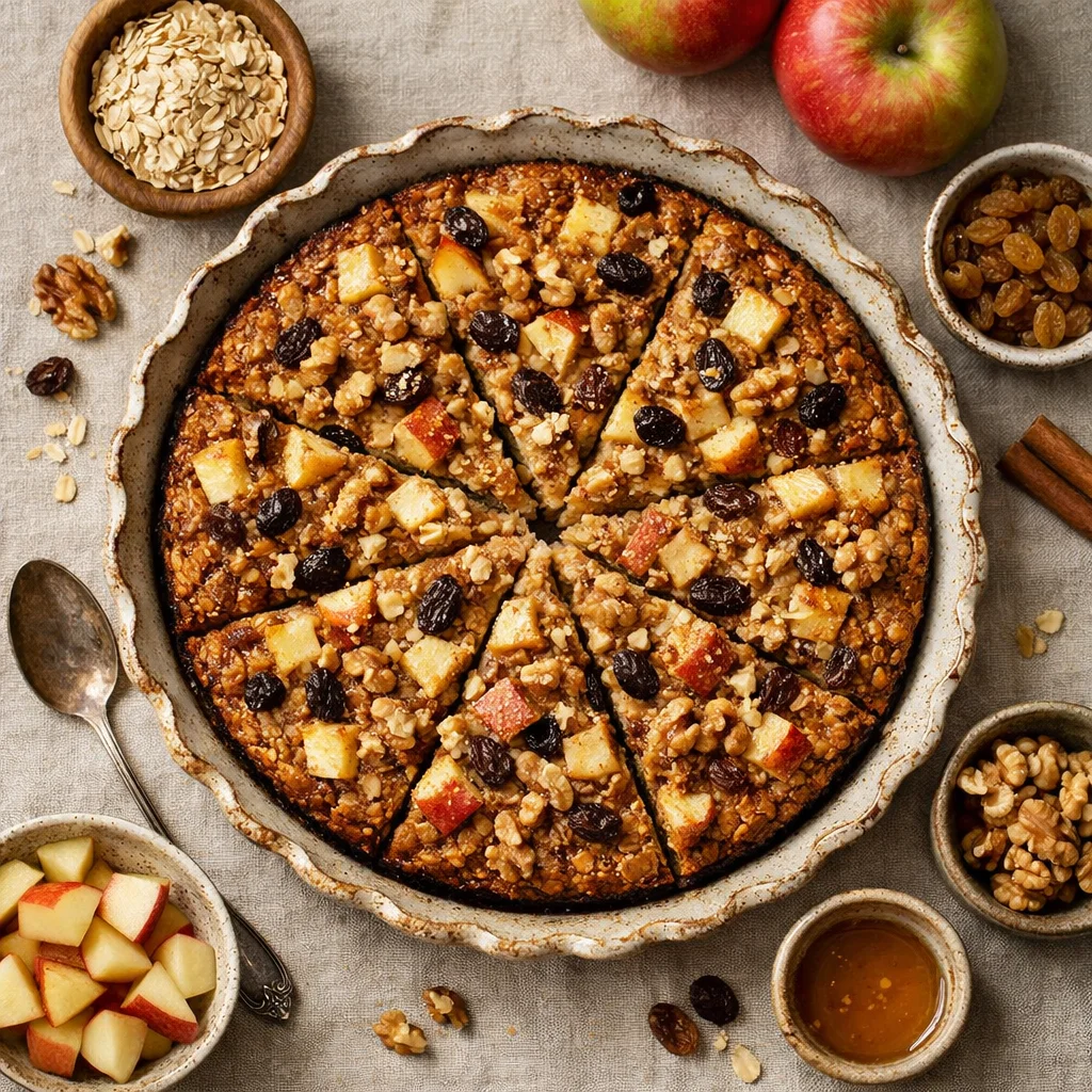Gezonde havermout ontbijttaart met appel