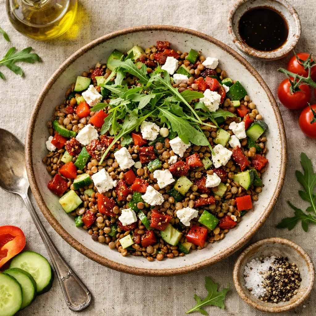Mediterrane linzensalade met geitenkaas en zongedroogde tomaatjes