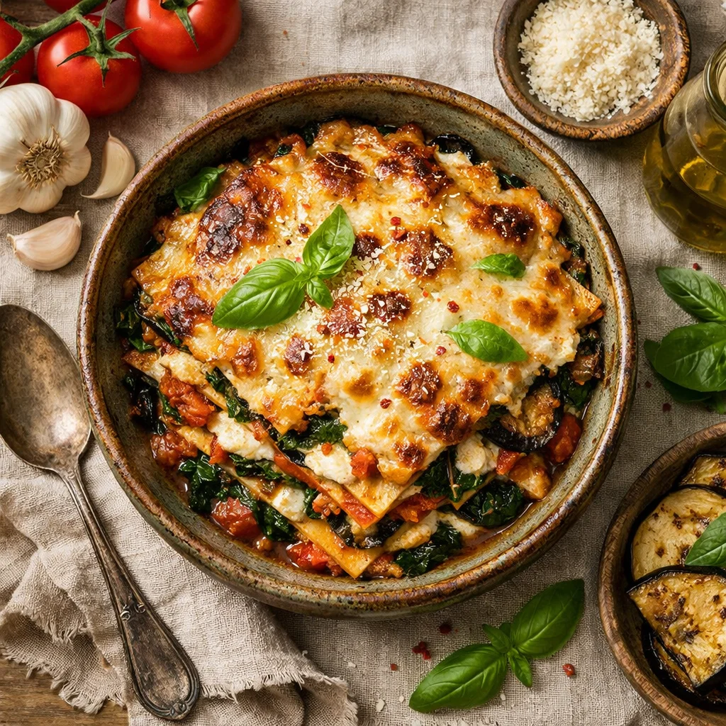 Vegetarische Lasagne met Aubergine en Spinazie