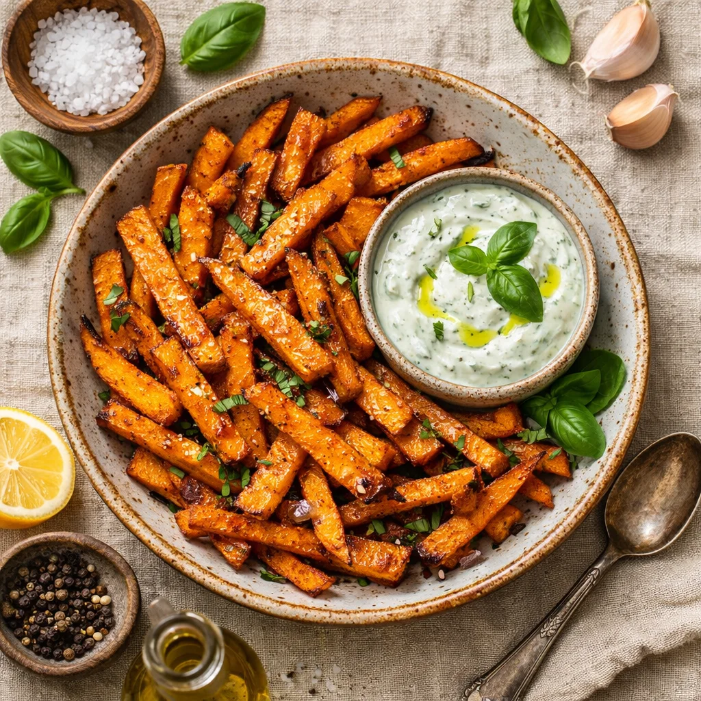 Krokante Zoete Aardappel Frites met Basilicum Yoghurt Dip