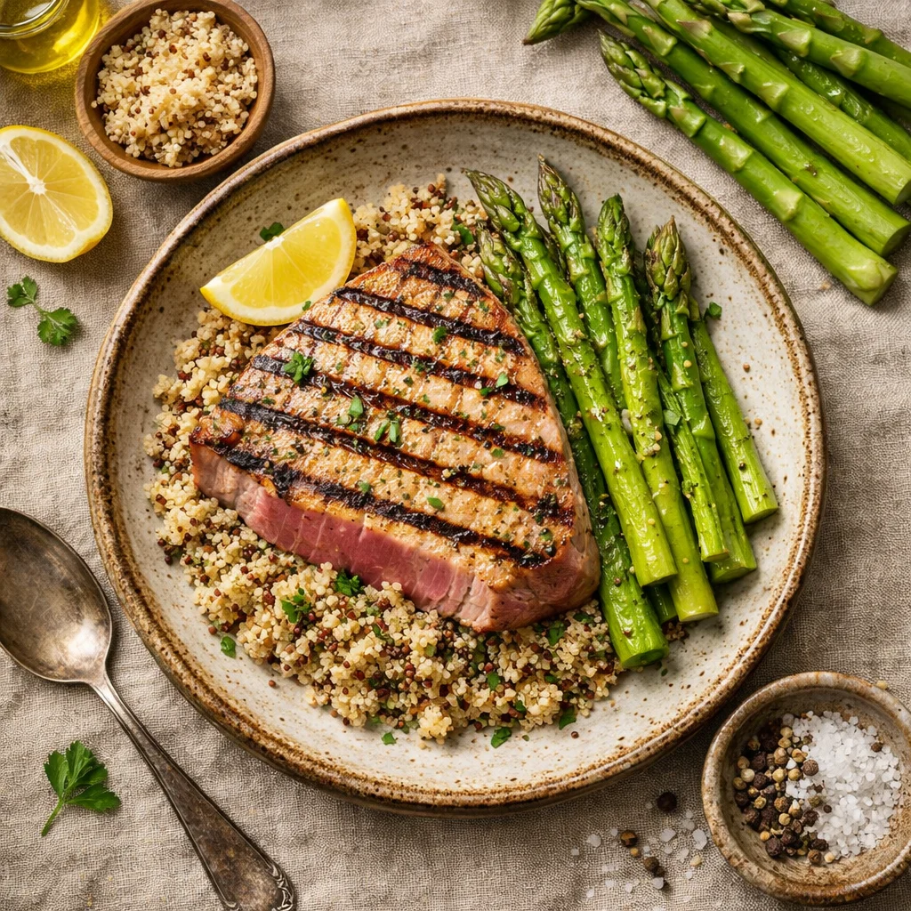 Gegrilde Tonijnsteak met Knapperige Quinoa en Groene Asperges