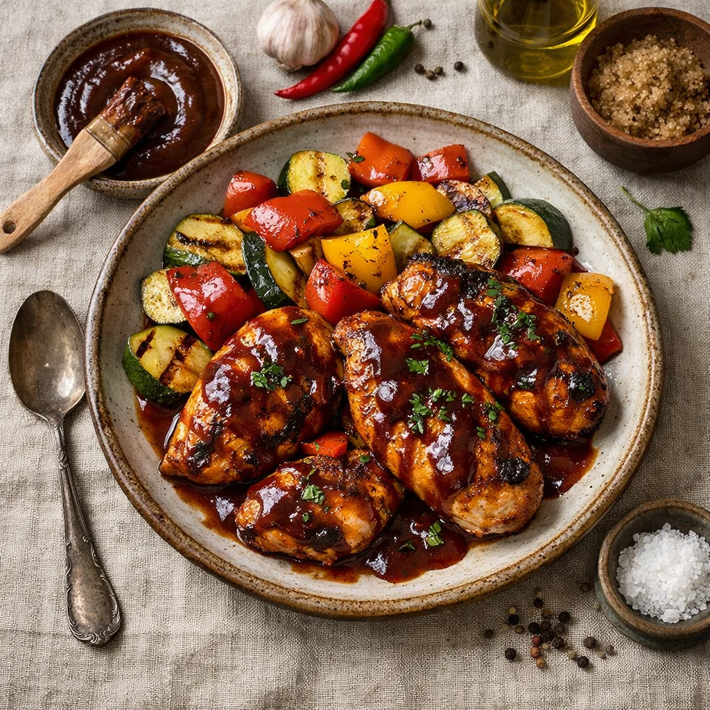Smakelijke Kip in Zelfgemaakte Barbecuesaus met Gegrilde Groenten