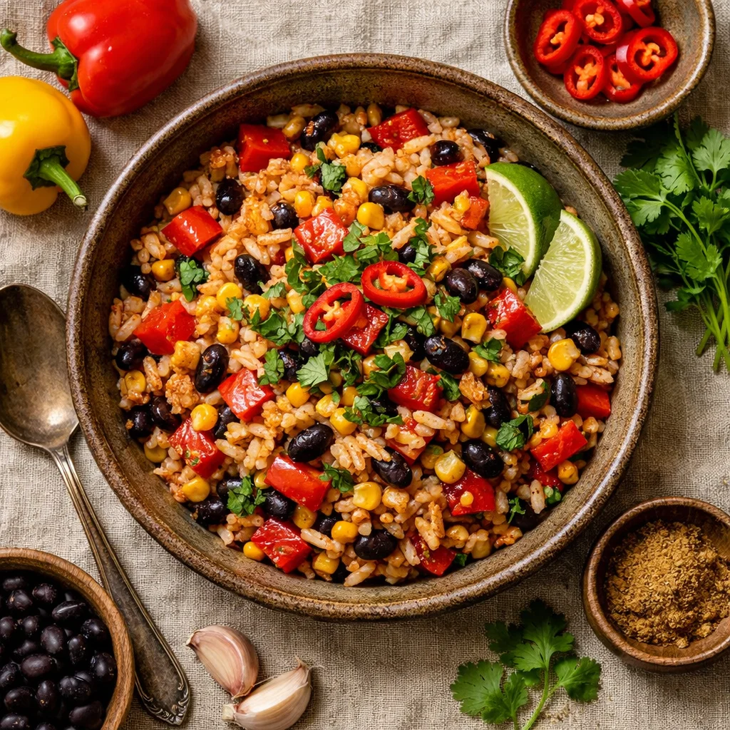 Gezellige Veggie Rijstschotel met Zoete Paprika en Zwarte Bonen