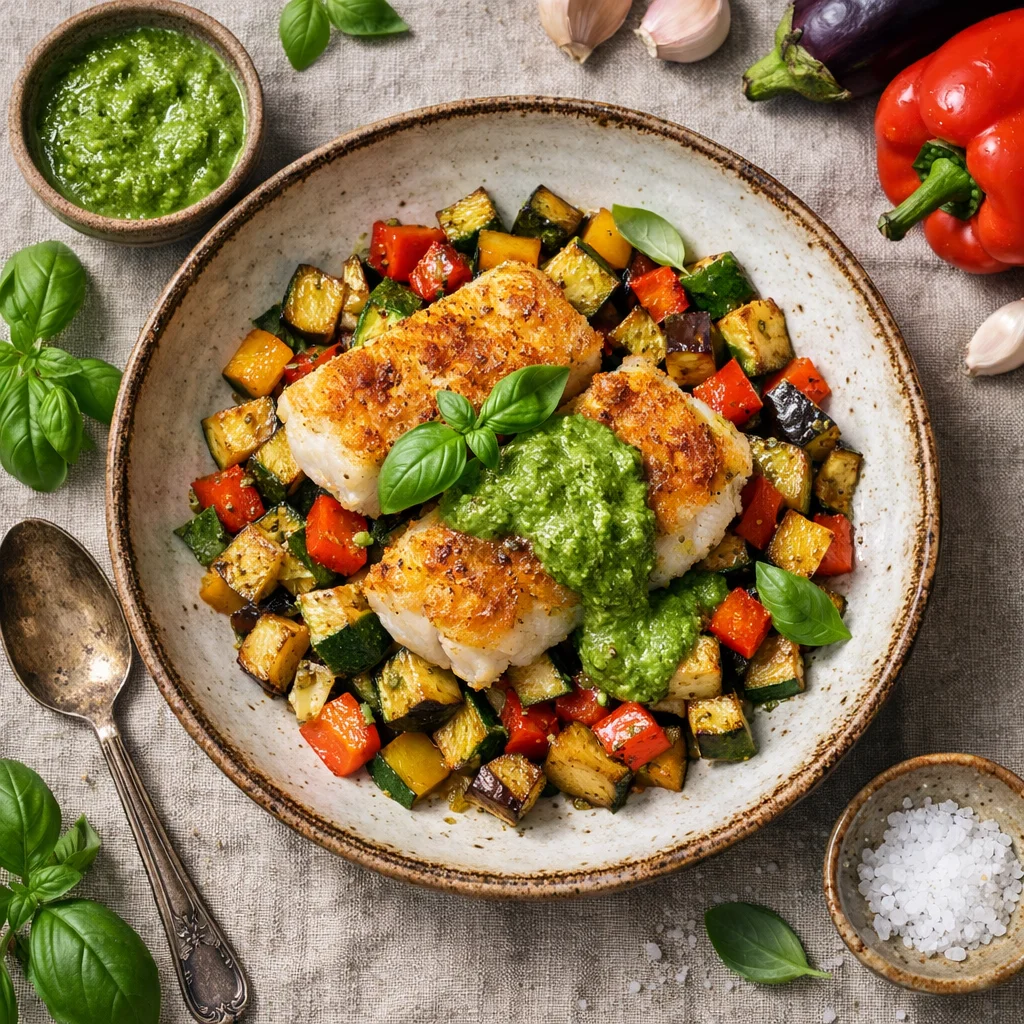 Krokante Kabeljauw met Geroosterde Groenten en Basilicum Saus