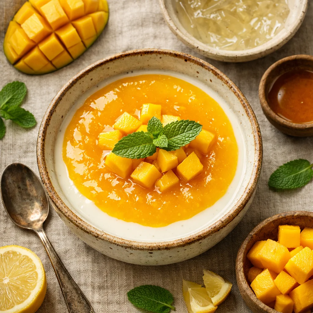 Fruitige yoghurt pannacotta met mango coulis