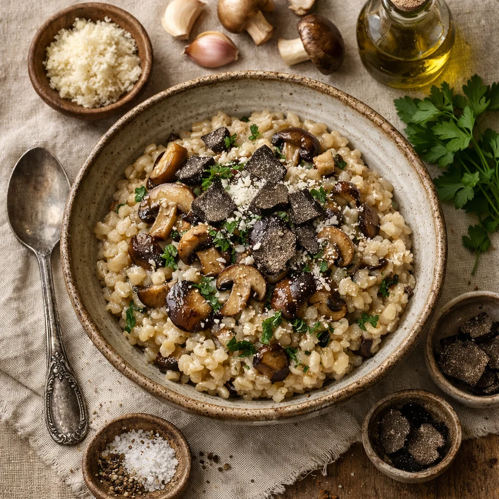 Gezonde Italiaanse risotto met paddenstoelen en truffel