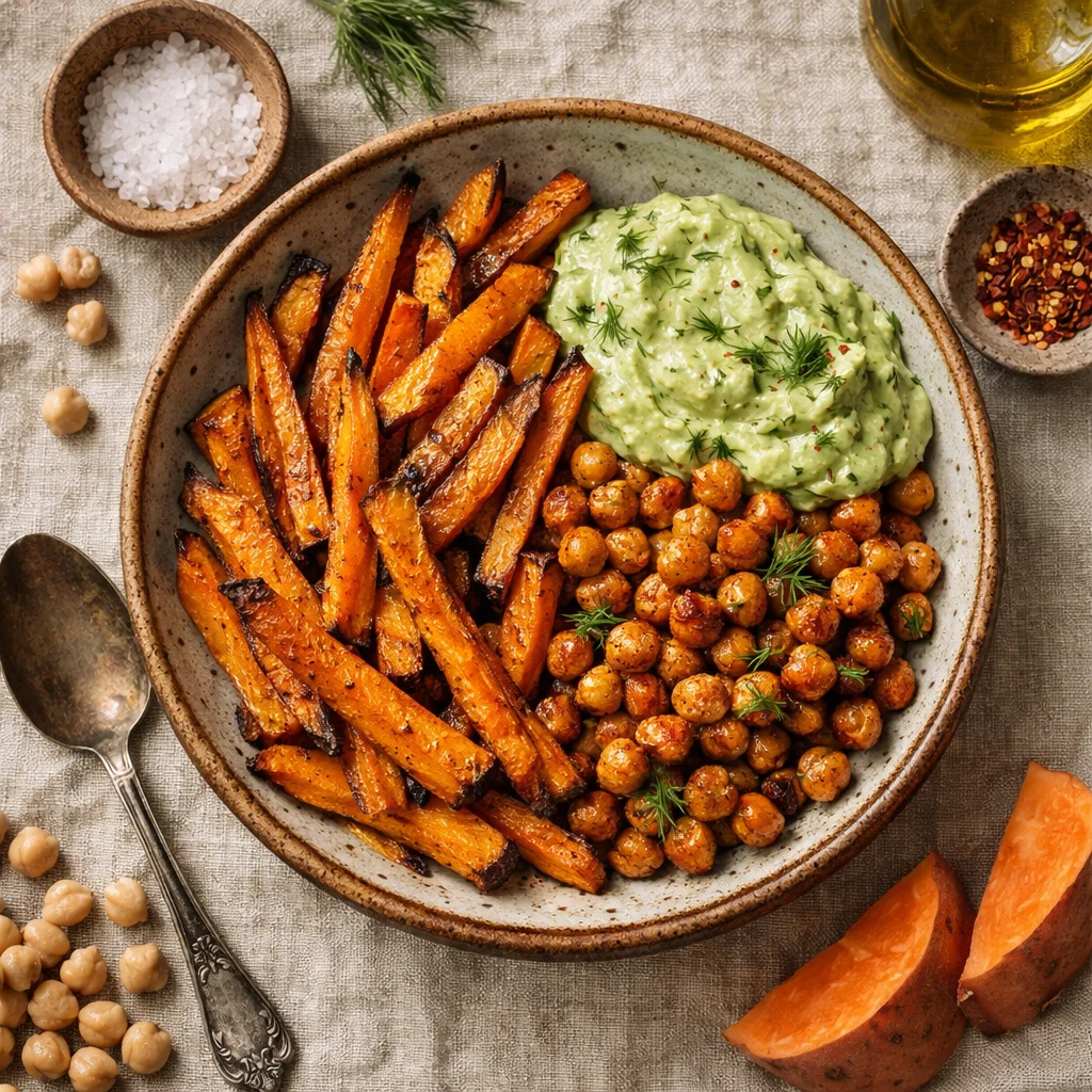 Knapperige Zoete Aardappel Frietjes met Pittige Kikkererwten en Romige Avocado-Dillesaus