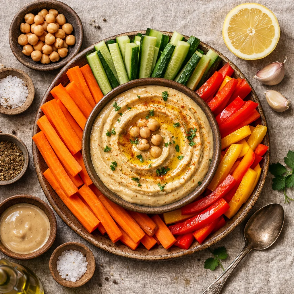 Gezonde en knapperige hummus dip met groente sticks