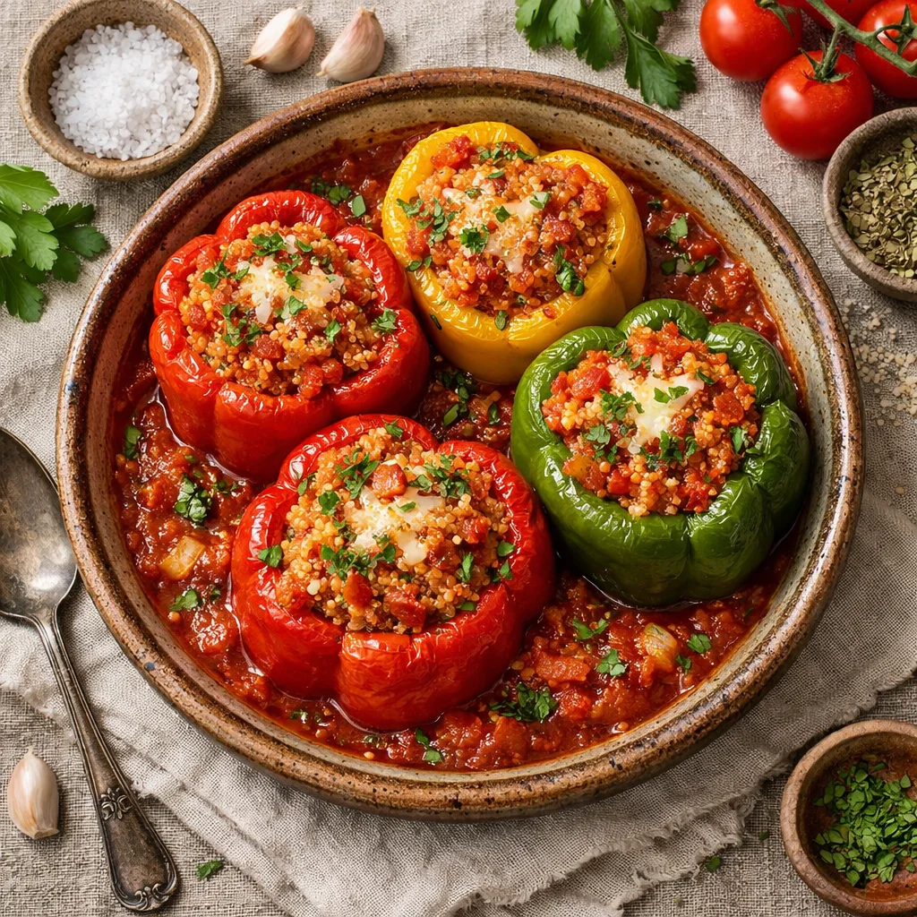 Gevulde Paprika's met Quinoa en Zelfgemaakte Tomatensaus