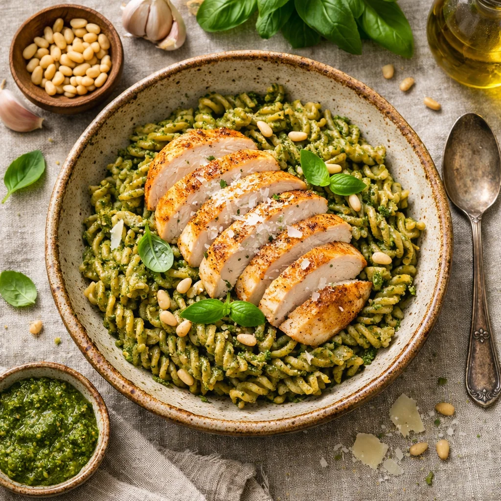 Malse Kipfilet op een Bedje van Volkoren Pesto Pasta