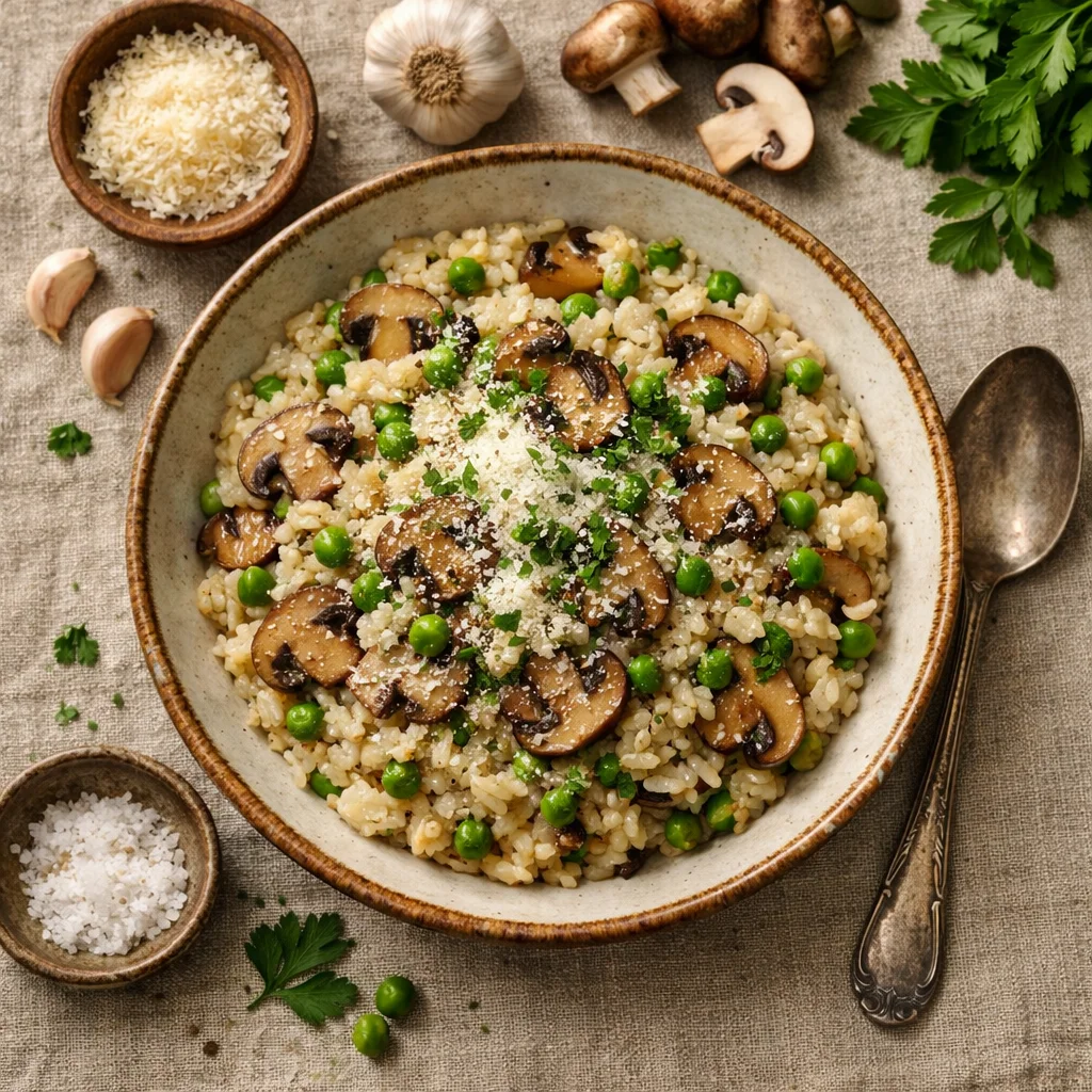 Romige Venice Risotto met Champignons en Groene Erwtjes
