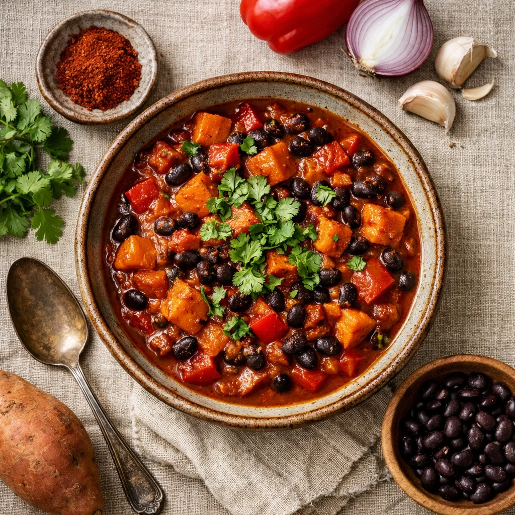 Pittige Vegan Chili met Zoete Aardappel en Zwarte Bonen