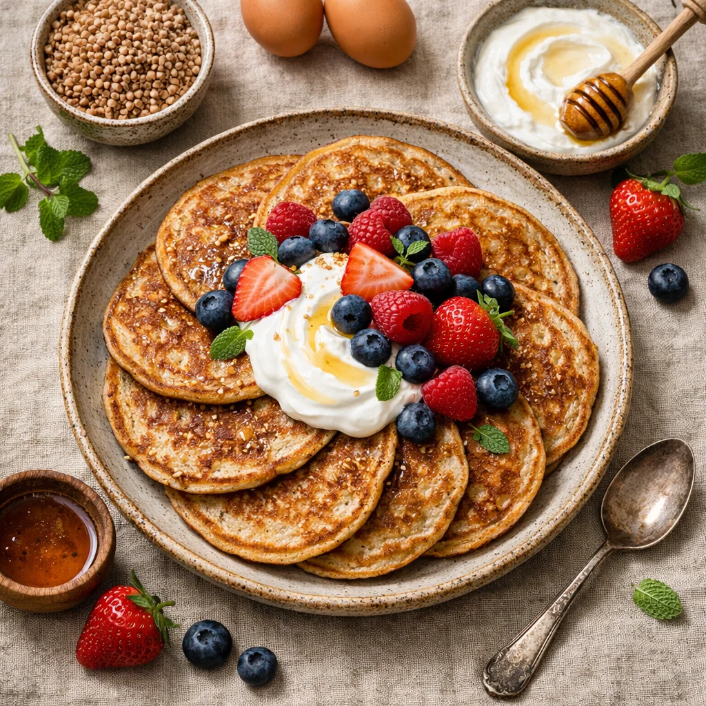 Zonnige Boekweitpannenkoeken met Verse Bessen en Griekse Yoghurt