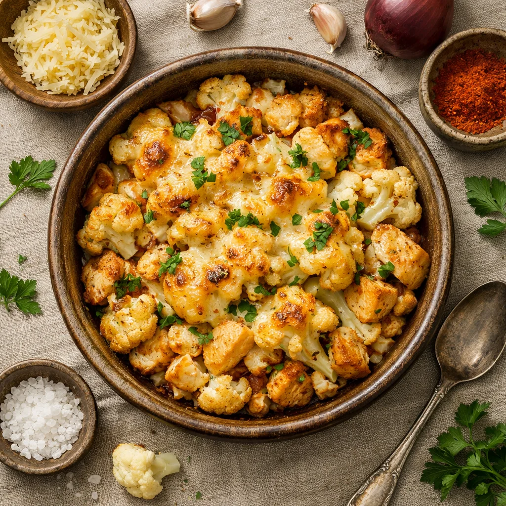 Koolhydraatarme ovenschotel met bloemkool en kip