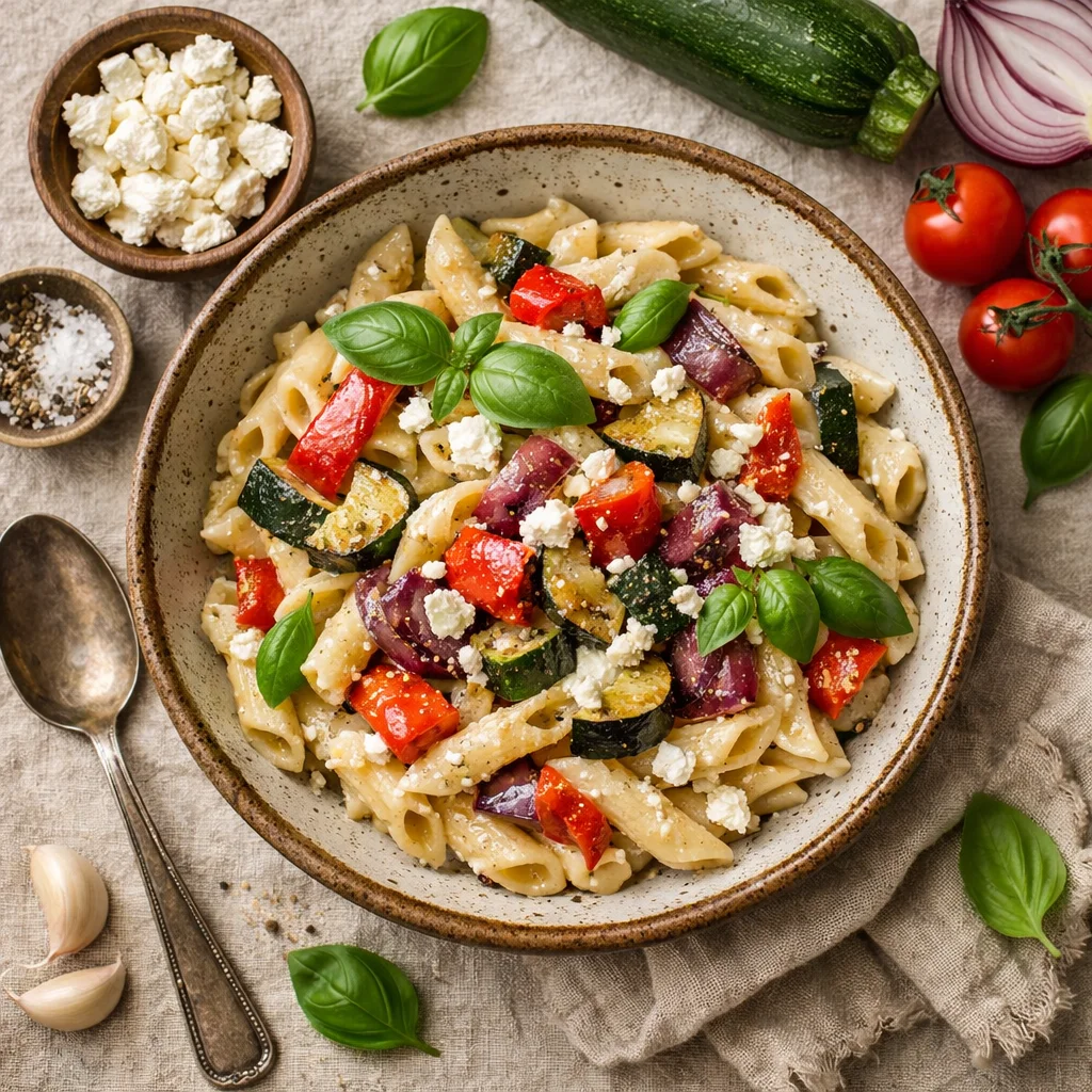 Romige Vega Pasta met Geroosterde Groenten en Feta