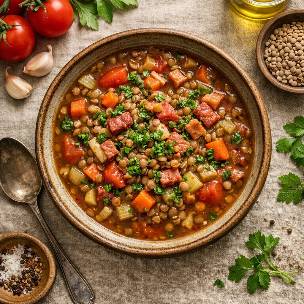 Italiaanse Linzensoep met Groenten en Pancetta