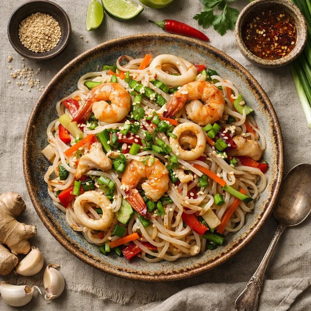 Chef's Special: Asiatische Nudelsalat mit Garnelen und Meeresfruchten