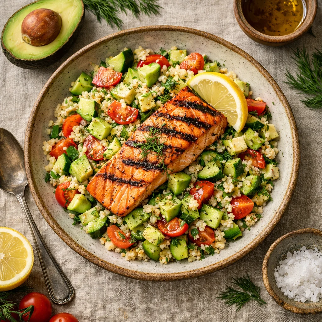 Bulgur Salade met Gegrilde Zalm en Avocado