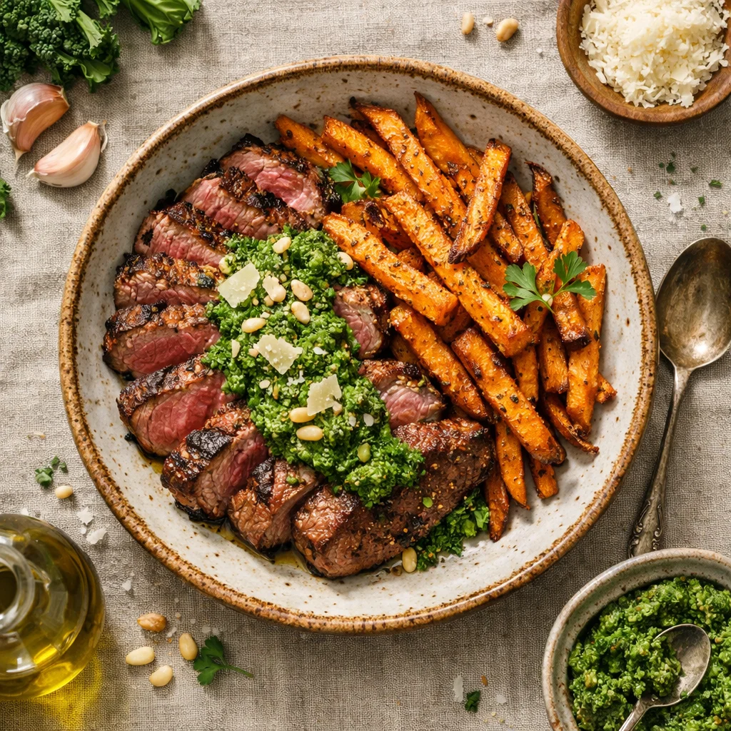 Chef's Special: Gegrilltes Rindersteak mit Süßkartoffelpommes und Boerenkoolpesto