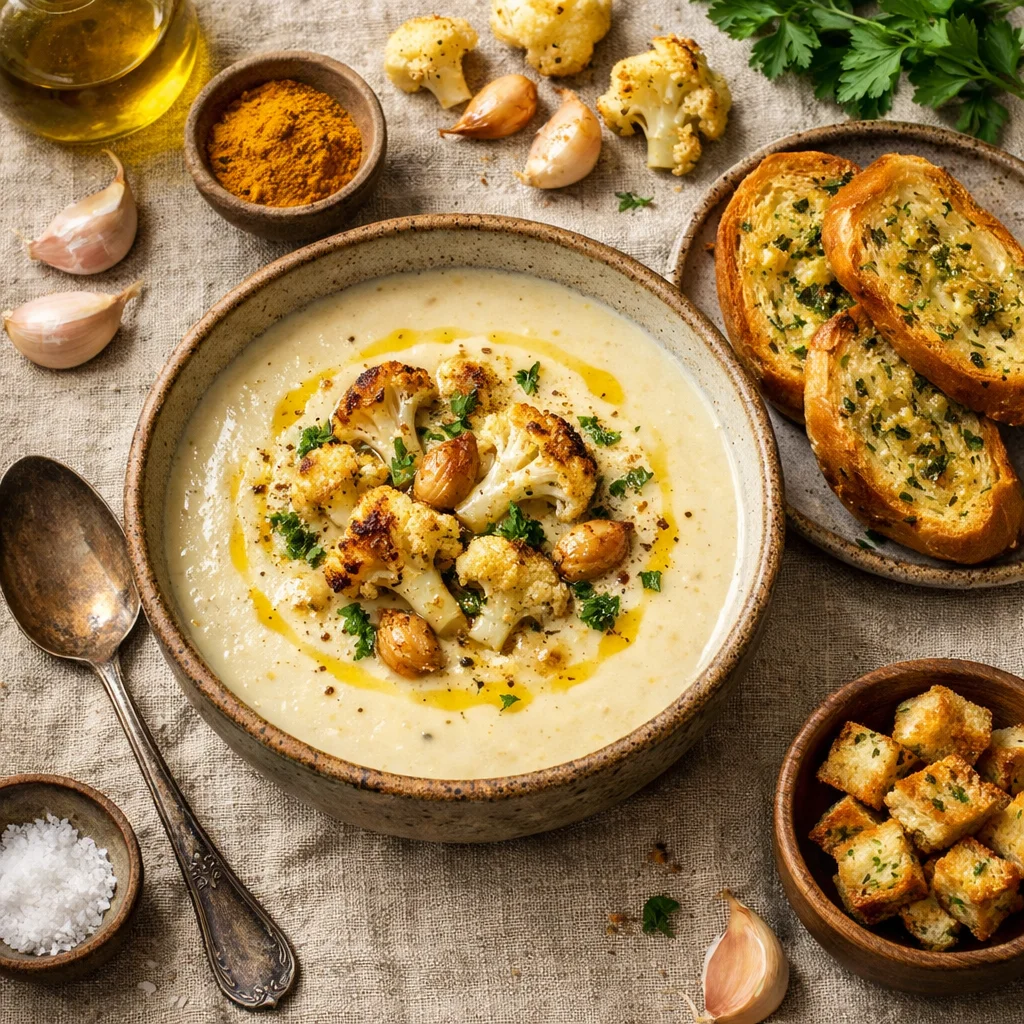 Romige Bloemkoolsoep met Geroosterde Knoflook en Kruidenbrood