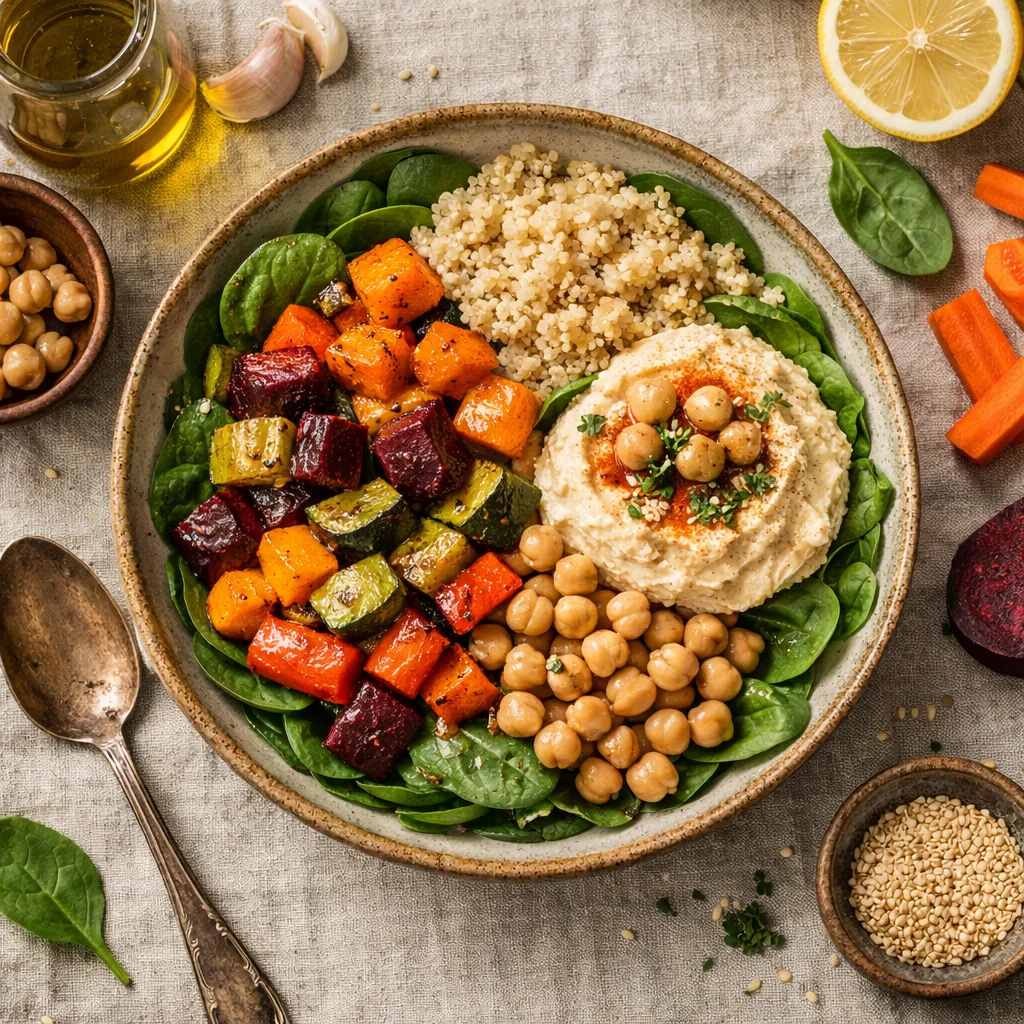 Vega Buddha Bowl met Geroosterde Groenten en Hummus