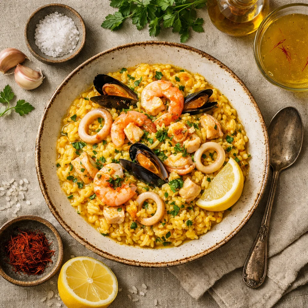 Authentieke Italiaanse Risotto met Zeevruchten en Saffraan
