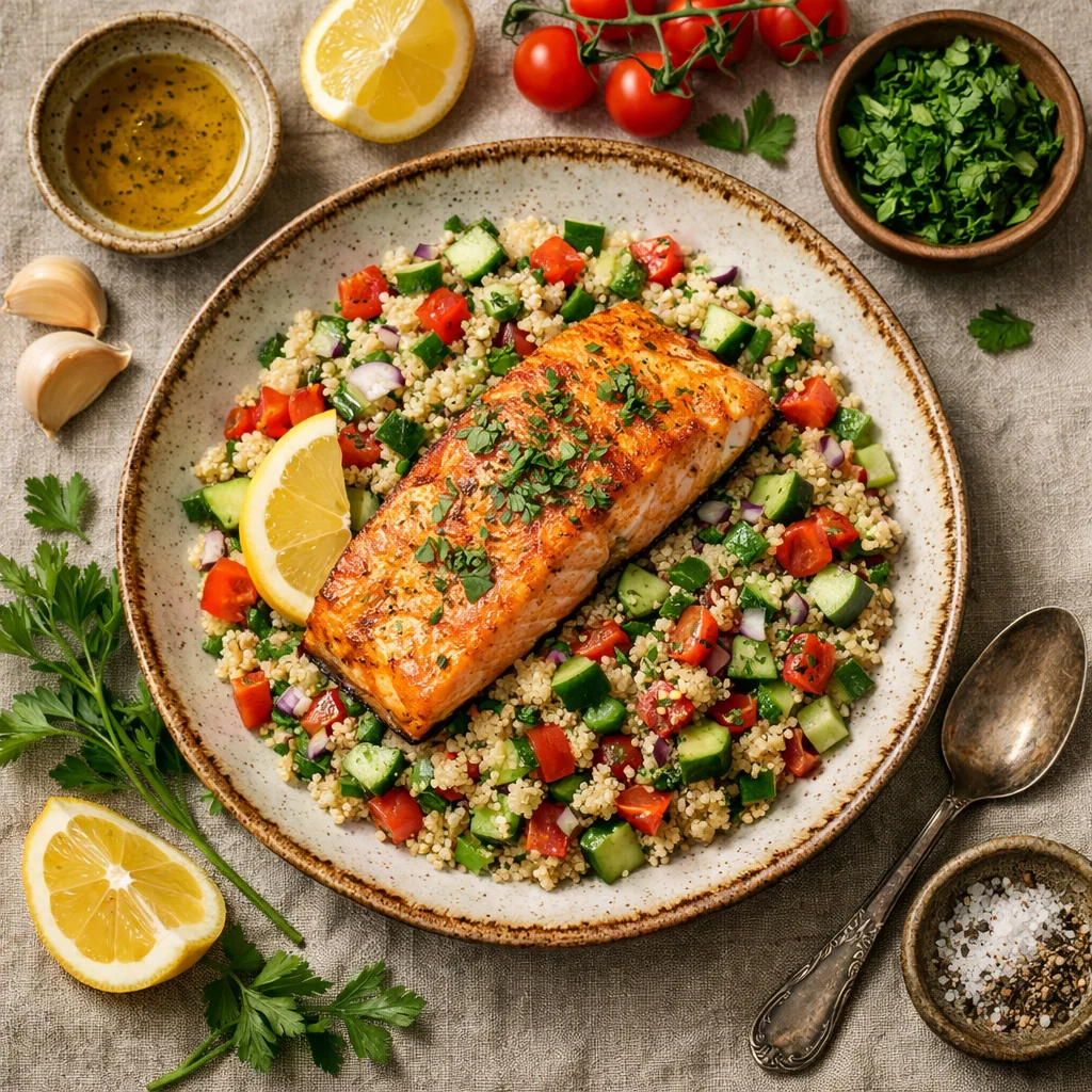 Chef's Special: Mediterrane Quinoa Salat mit Gebratenem Lachs