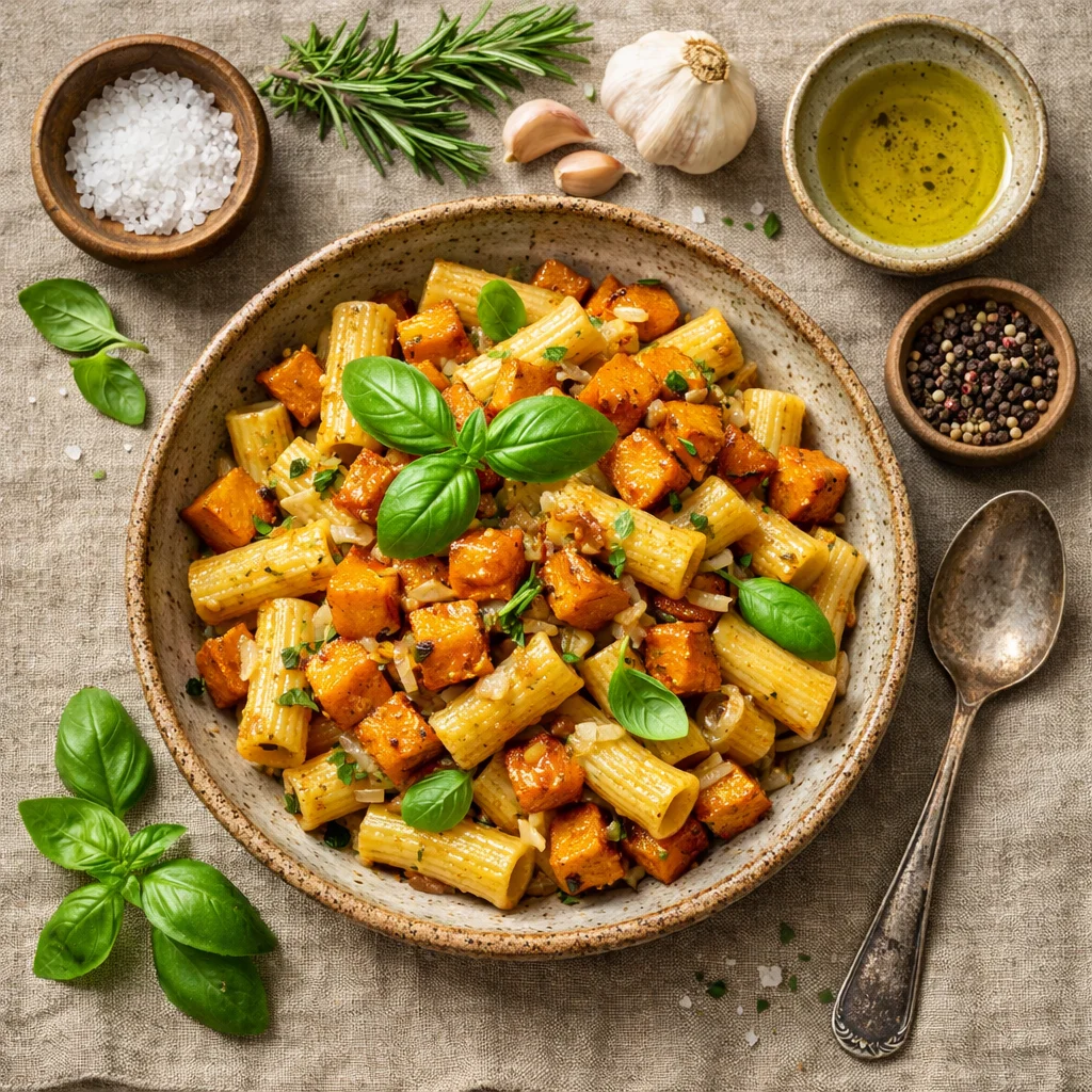 Heerlijke veganistische pasta met geroosterde pompoen