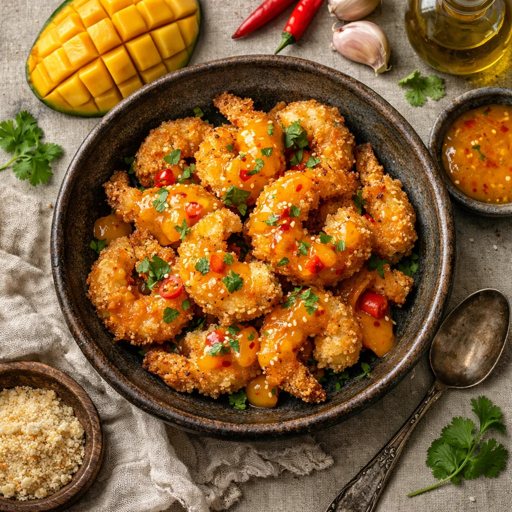 Knapperige Garnalen met Pittige Mango-Chili Saus