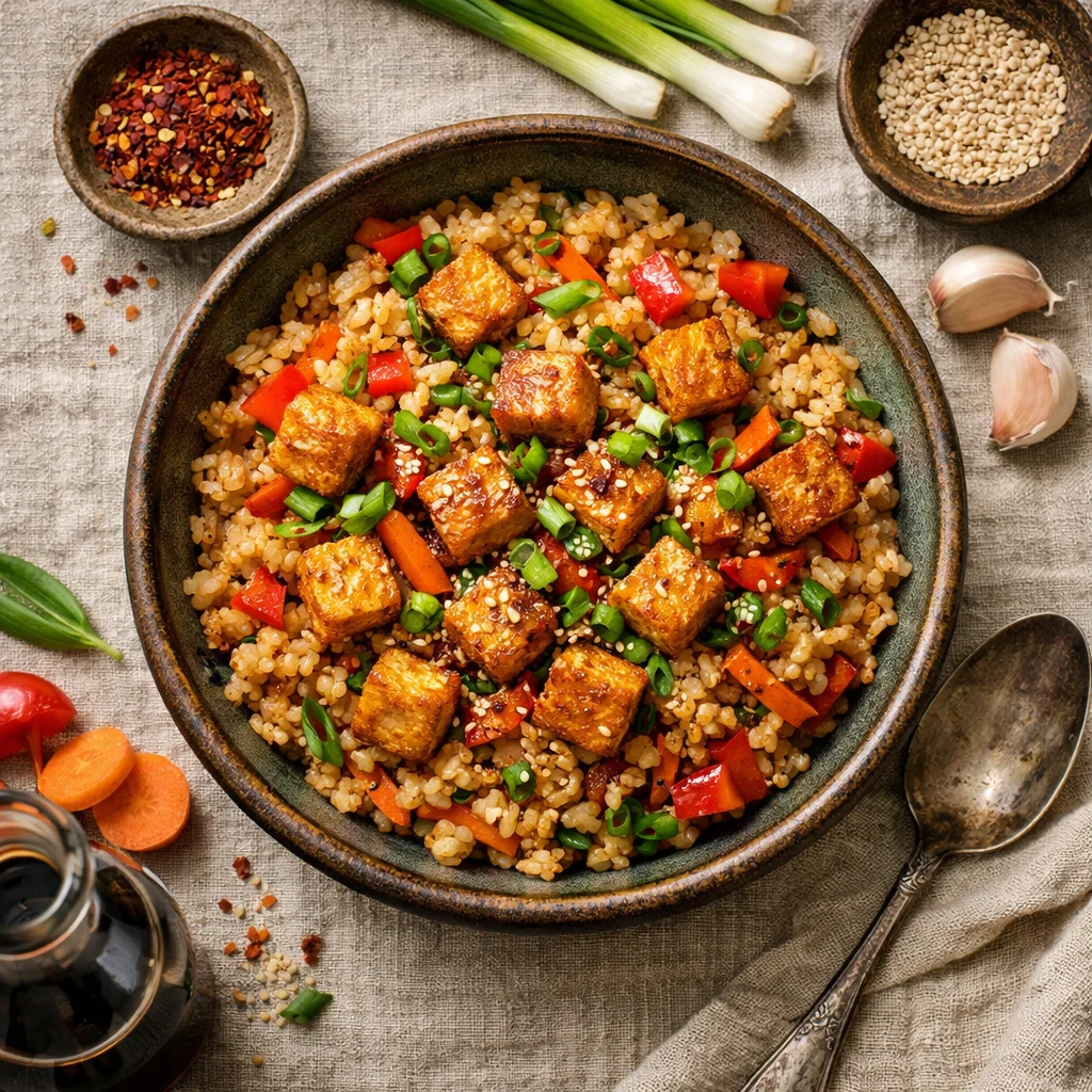 Oosterse gebakken rijst met knapperige tofu