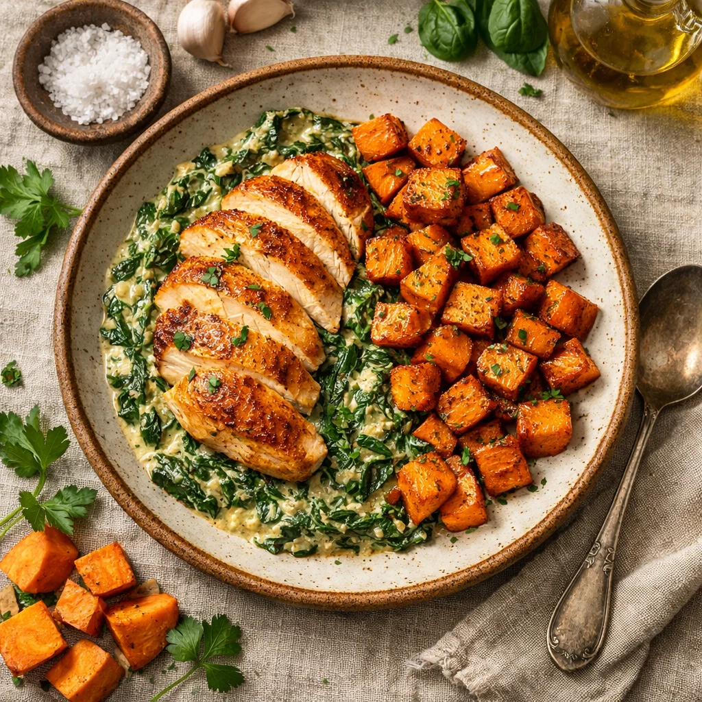 Chef's special: Malse Kipfilet met Romige Spinazie en Geroosterde Zoete Aardappelen