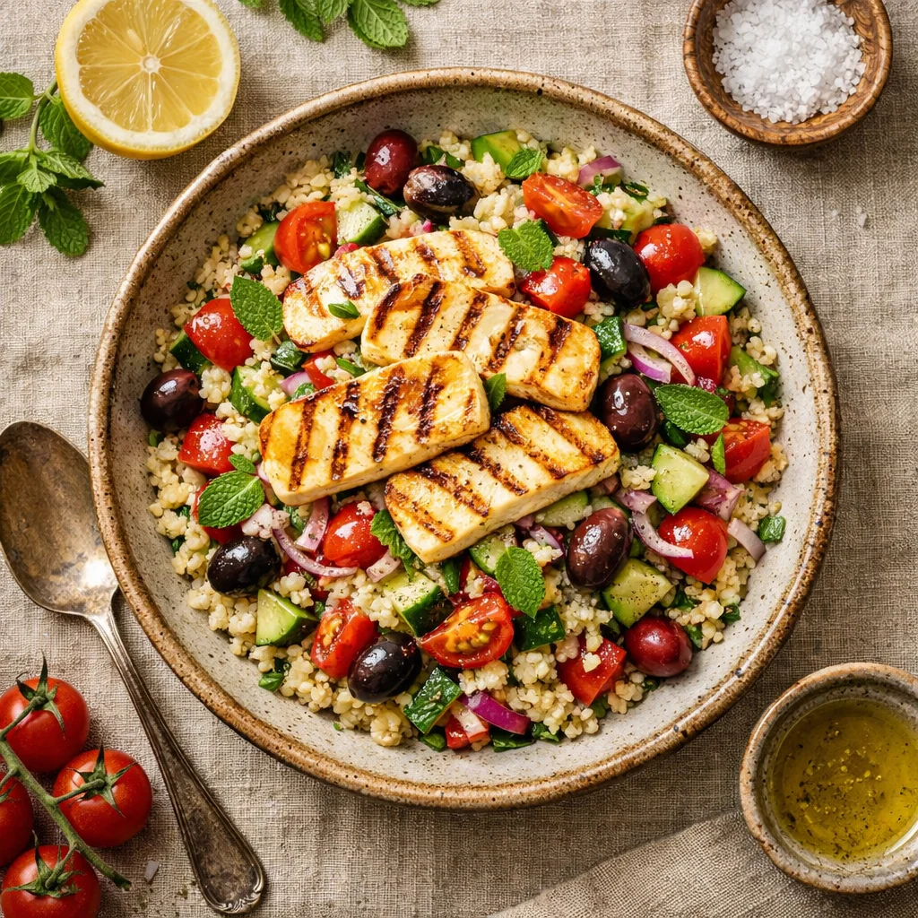 Bulgursalade met Gegrilde Halloumi en Olijven