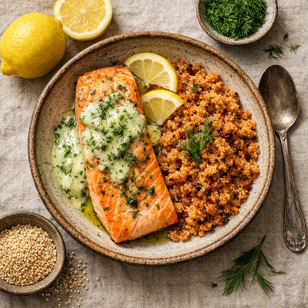 Gebakken Zalm met Dille-Citroensaus en Gekruide Quinoa