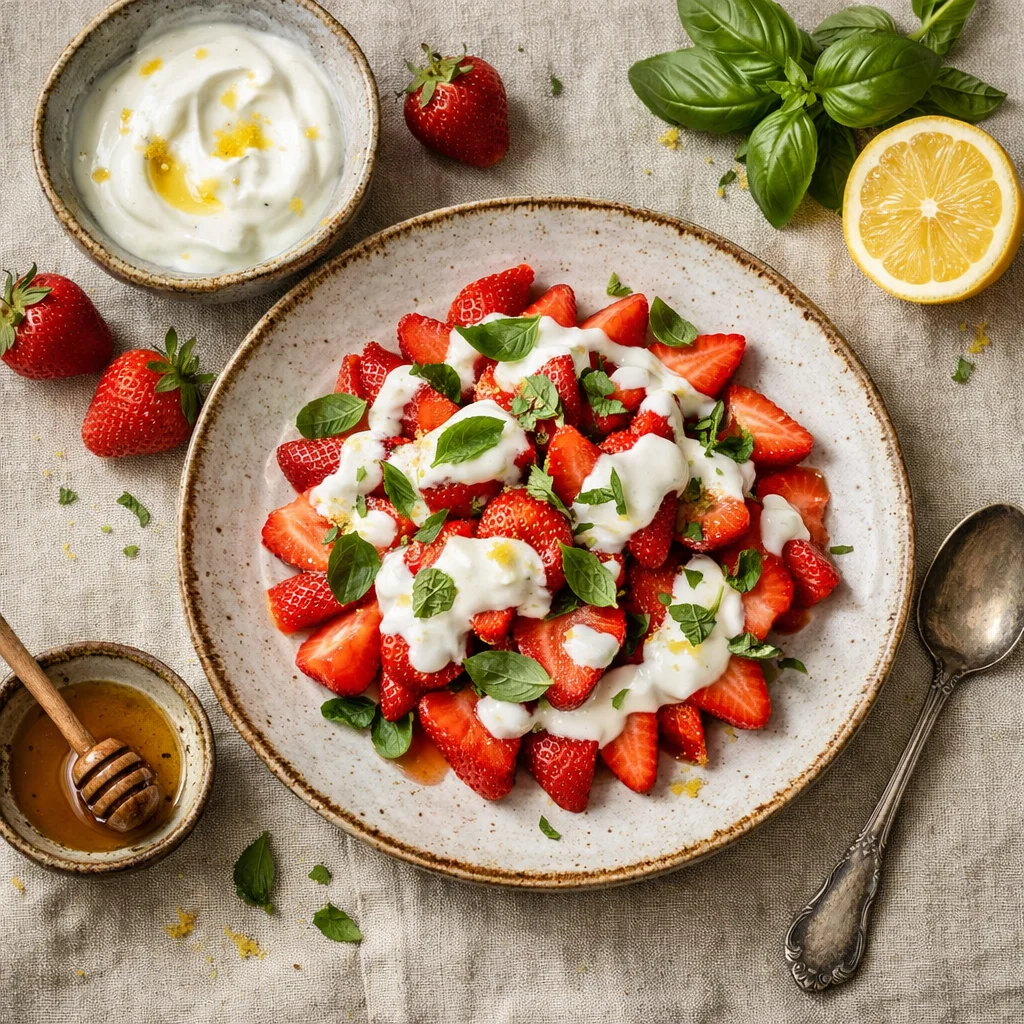 Verse aardbeien met basilicum en yoghurt-honingdressing
