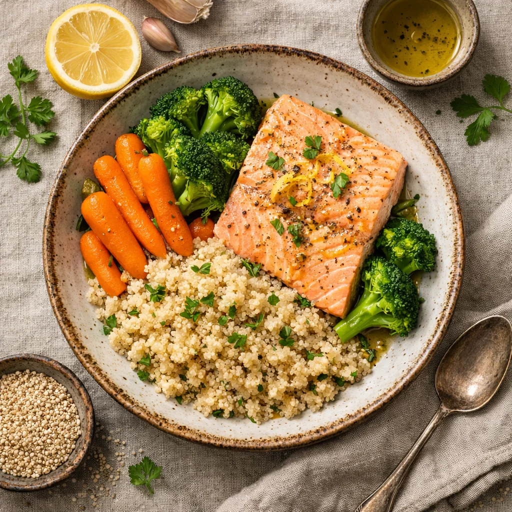 Frisse Zalmfilet met Gestoomde Groenten en Quinoa
