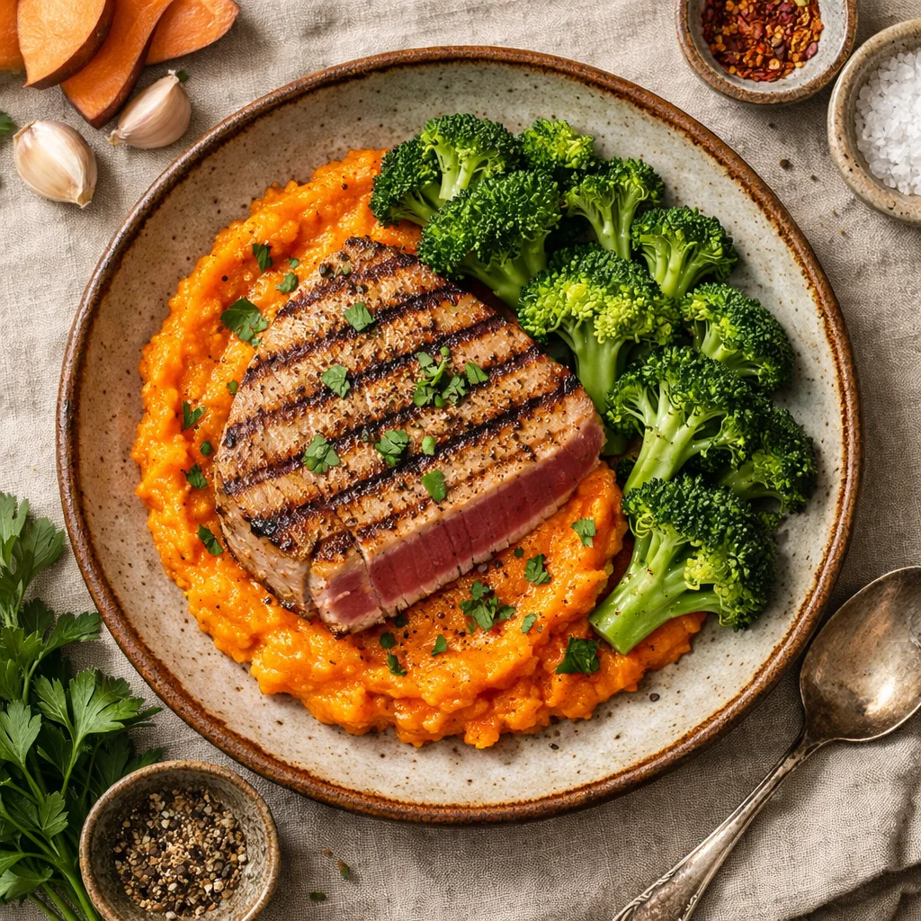 Chef's Special: Gegrilde tonijnsteak met zoete aardappelpuree en gestoomde broccoli